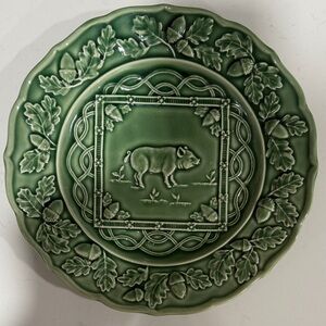 Green Ceramic Plate with Pig Design